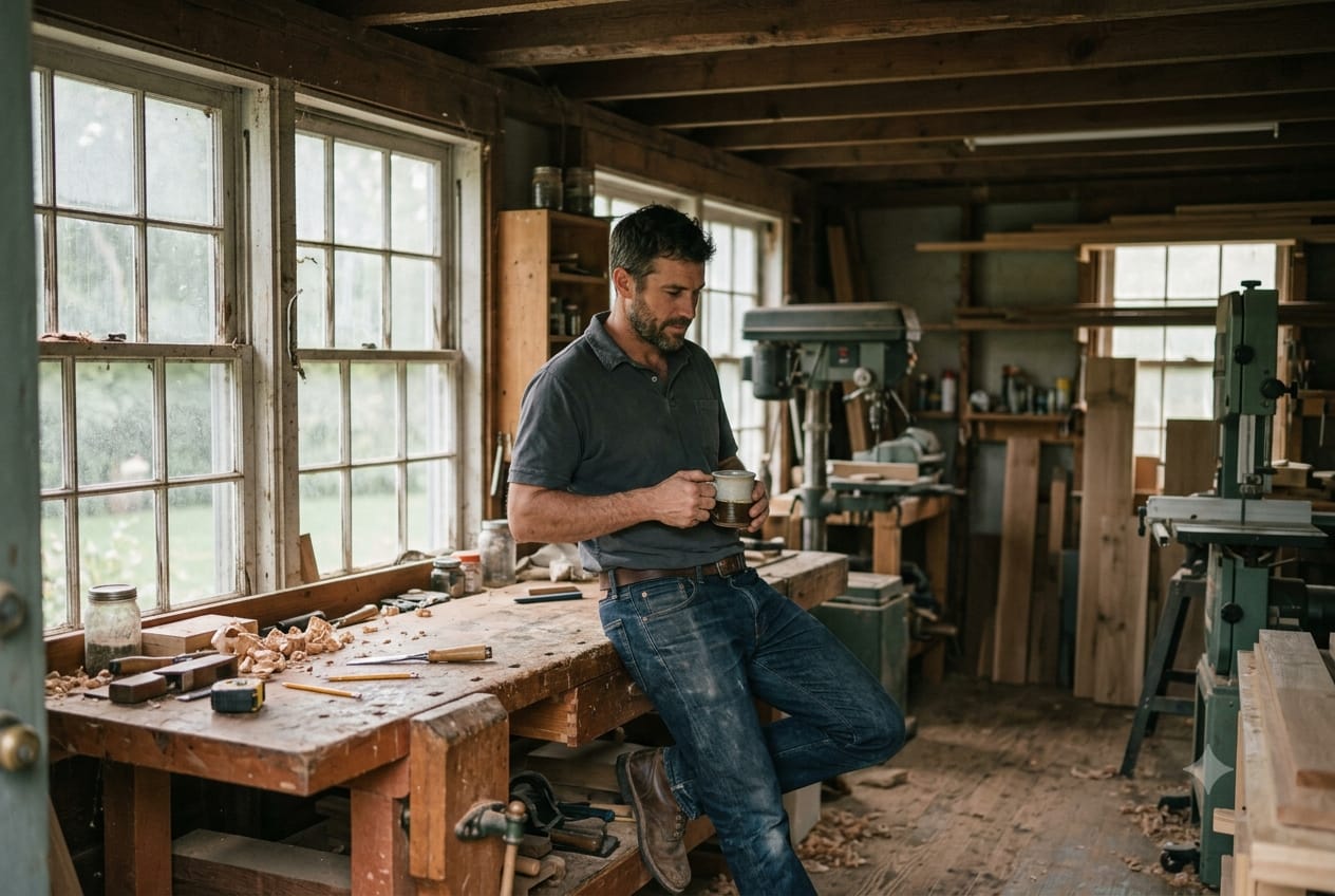 A maker in his woodshop pausing with a cup of coffee