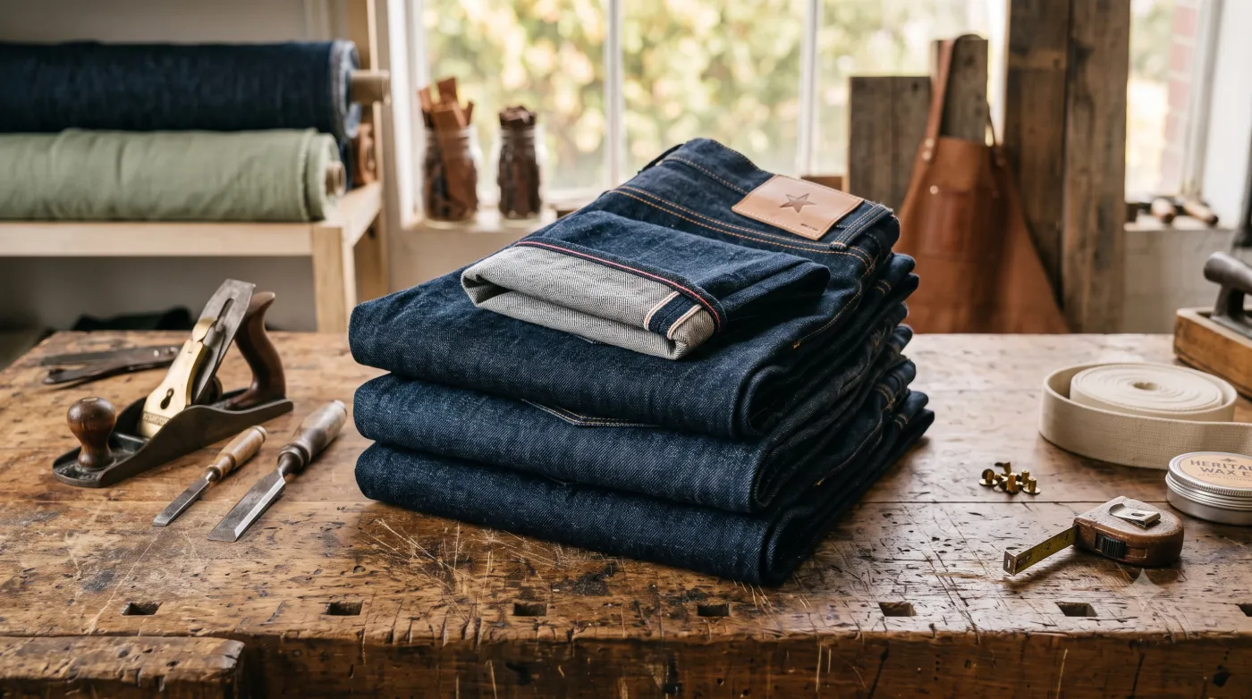 Raw selvedge denim folded on a shelf