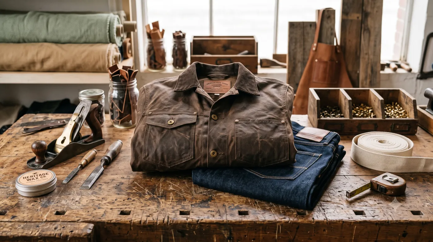 American workwear laid out on a bench